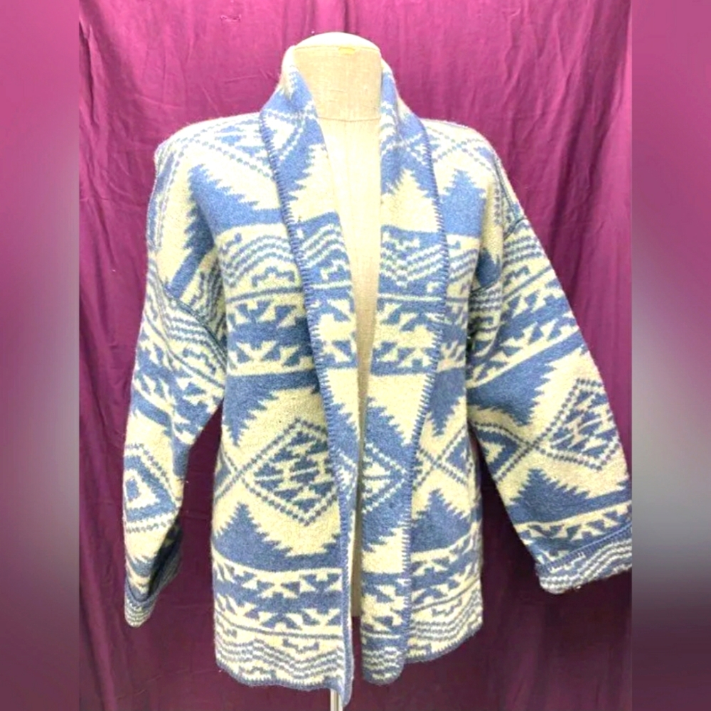 ALPS Designer Blue & White Aztec Wool Cardigan Jacket Coat Women's Size L